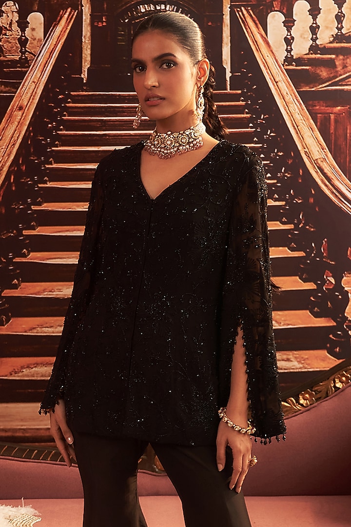 Black Georgette Embellished Jacket Set by Seema Thukral at Pernia's Pop Up Shop