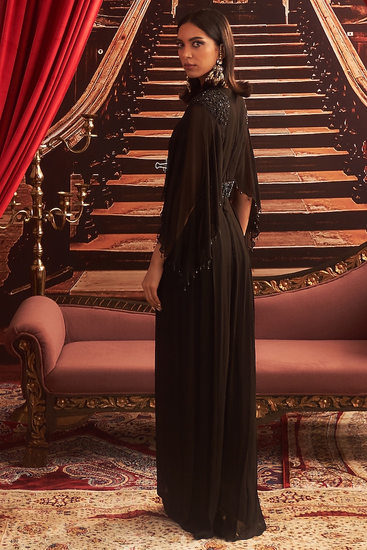 Black Georgette Embellished Draped Jumpsuit by Seema Thukral at Pernia's Pop Up Shop