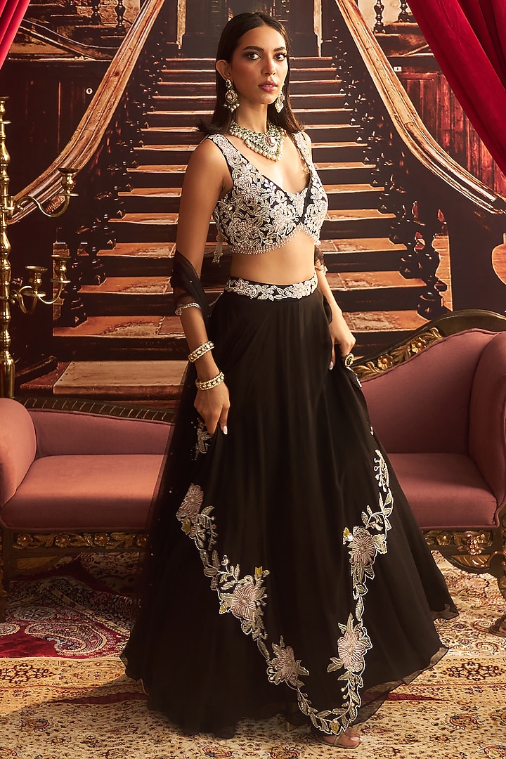 Black Georgette Embellished Wedding Lehenga Set by Seema Thukral at Pernia's Pop Up Shop