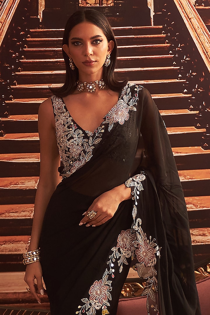 Black Georgette Pre-Draped Ruffled Wedding Saree Set by Seema Thukral at Pernia's Pop Up Shop