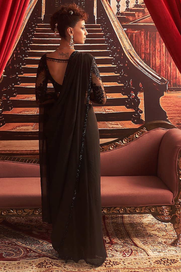 Black Georgette Embellished Wedding Saree Set by Seema Thukral at Pernia's Pop Up Shop