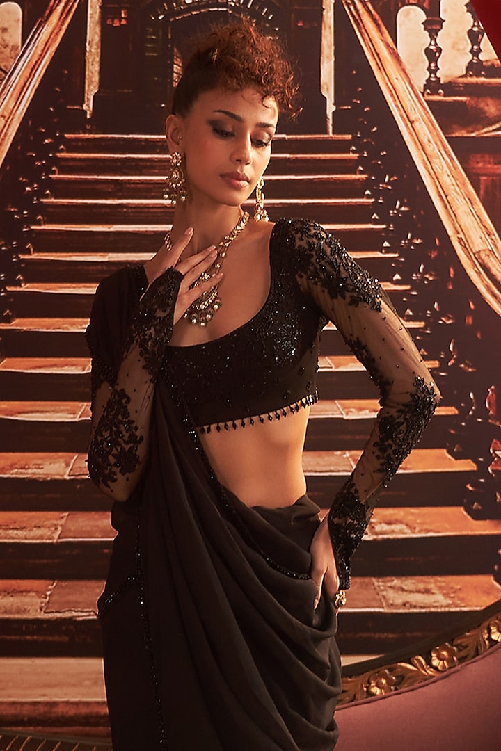 Black Georgette Embellished Wedding Saree Set by Seema Thukral at Pernia's Pop Up Shop