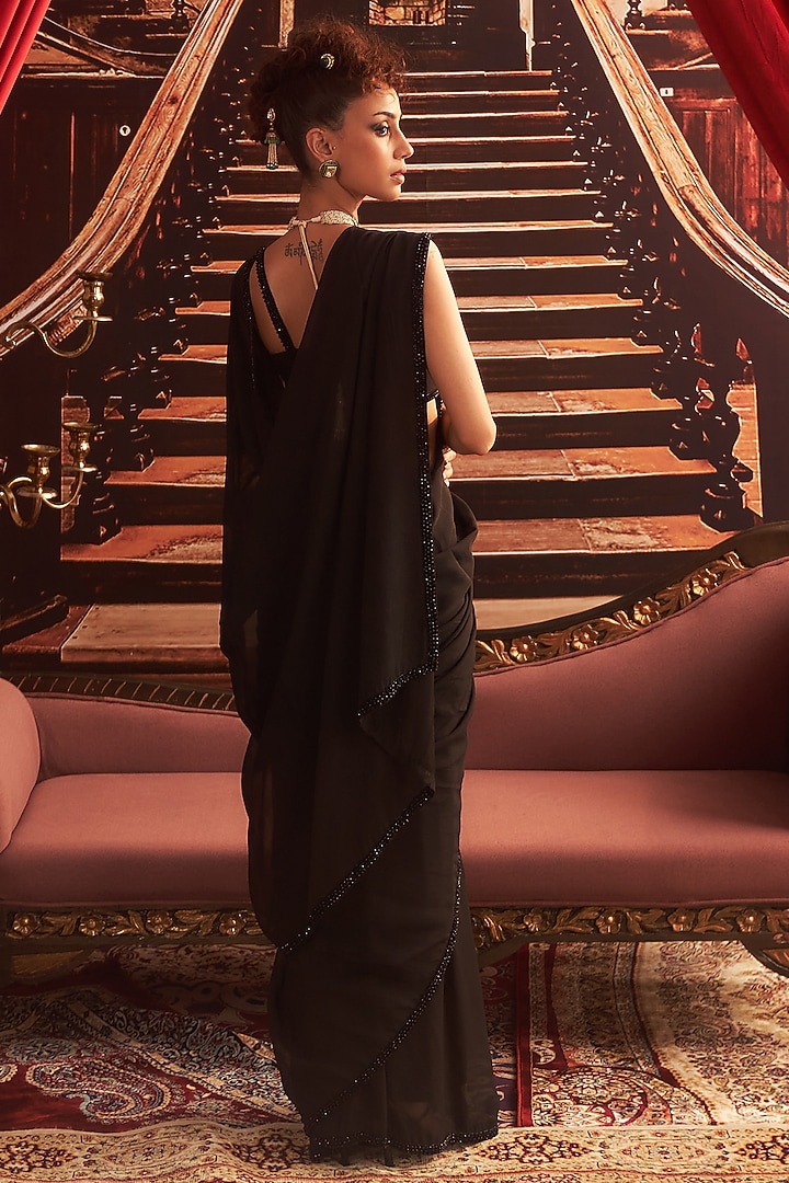 Black Georgette Embellished Wedding Saree Set by Seema Thukral at Pernia's Pop Up Shop