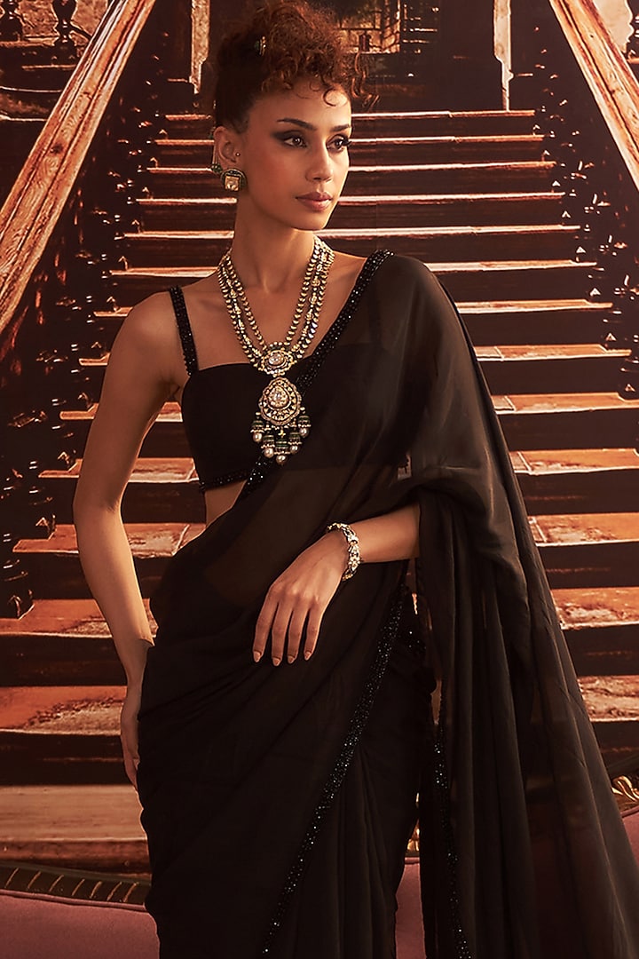 Black Georgette Embellished Wedding Saree Set by Seema Thukral at Pernia's Pop Up Shop