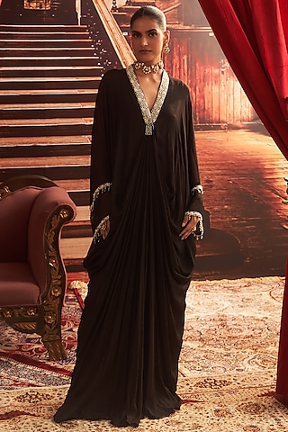 Black Chiffon Embellished Draped Kaftan by Seema Thukral