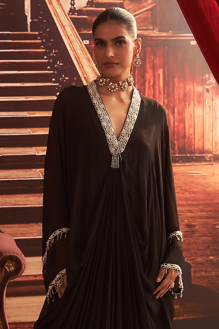 Black Chiffon Embellished Draped Kaftan by Seema Thukral at Pernia's Pop Up Shop