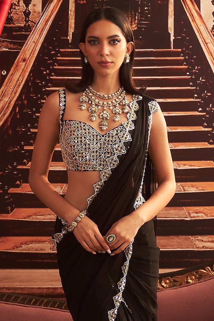 Black Georgette Pre-Draped Wedding Saree Set by Seema Thukral at Pernia's Pop Up Shop