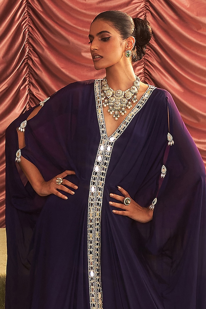 Purple Chiffon Embellished Draped Kaftan by Seema Thukral at Pernia's Pop Up Shop