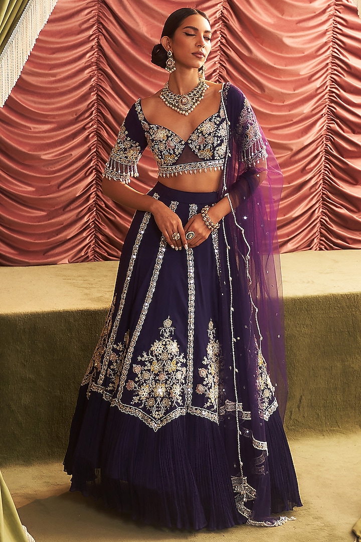 Purple Georgette Embellished Wedding Lehenga Set by Seema Thukral at Pernia's Pop Up Shop