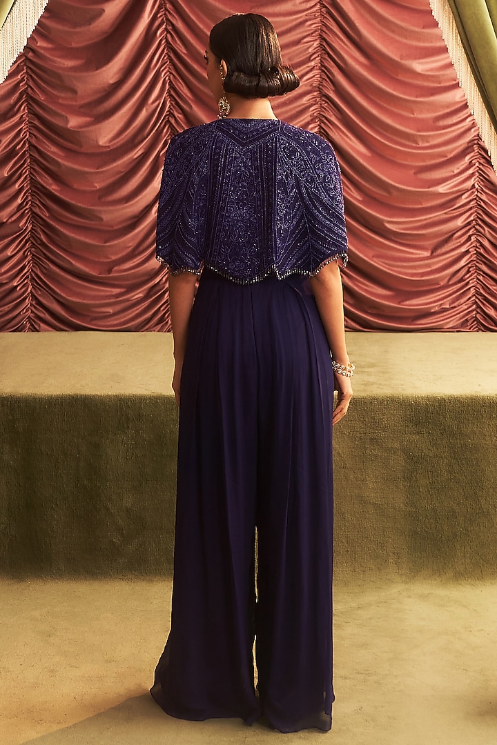Purple Georgette Embellished Draped Jumpsuit With Cape by Seema Thukral at Pernia's Pop Up Shop
