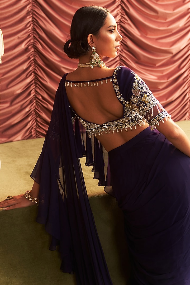 Purple Georgette Pre-Draped Ruffled Wedding Saree Set by Seema Thukral at Pernia's Pop Up Shop