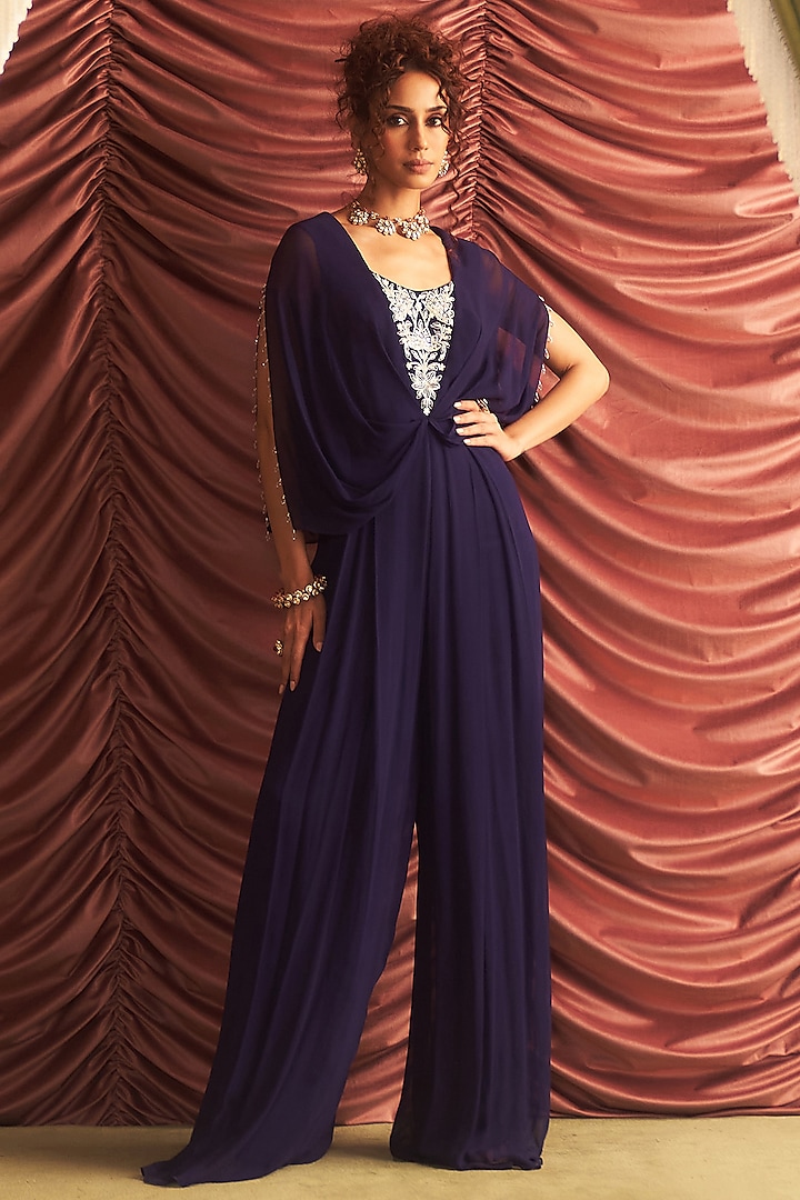 Purple Georgette Embellished Draped Jumpsuit by Seema Thukral at Pernia's Pop Up Shop