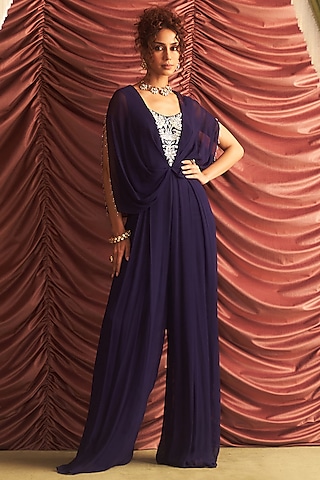 Purple Georgette Embellished Draped Jumpsuit by Seema Thukral