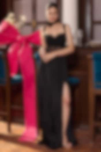 Black Chiffon & Organza Embellished Engagement Gown by Seema Thukral at Pernia's Pop Up Shop