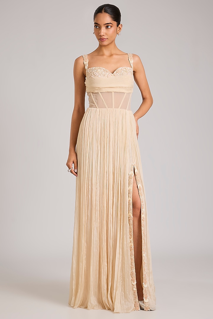 Ivory Chiffon & Georgette Embellished Engagement Gown by Seema Thukral at Pernia's Pop Up Shop