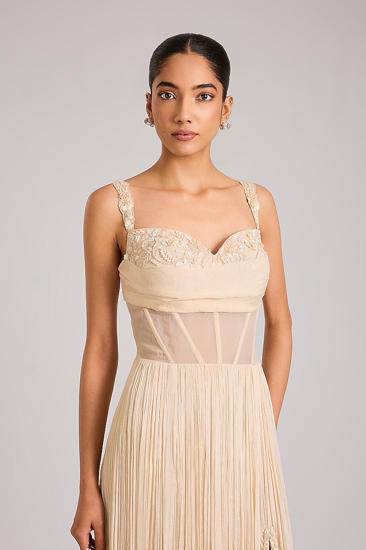 Ivory Chiffon & Georgette Embellished Engagement Gown by Seema Thukral at Pernia's Pop Up Shop