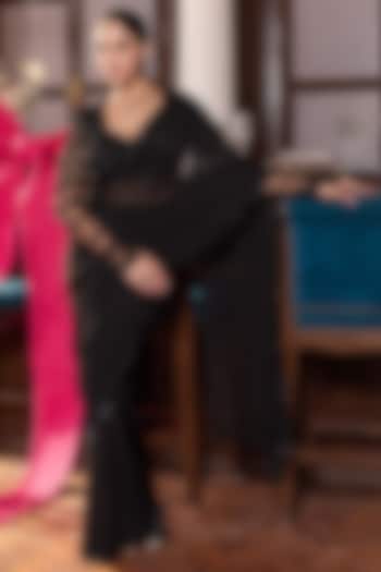 Black Organza Embellished Pre-Stitched Wedding Saree Set by Seema Thukral at Pernia's Pop Up Shop