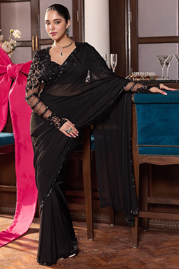 Black Organza Embellished Pre-Stitched Wedding Saree Set by Seema Thukral at Pernia's Pop Up Shop