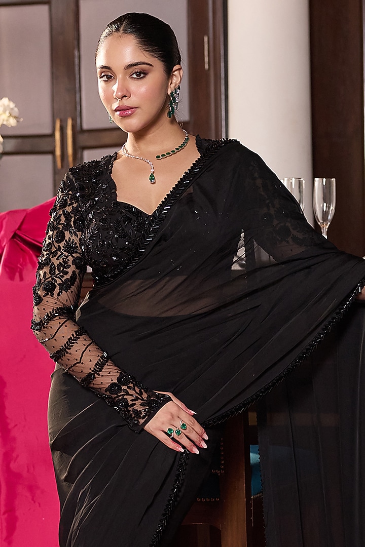 Black Organza Embellished Pre-Stitched Wedding Saree Set by Seema Thukral at Pernia's Pop Up Shop