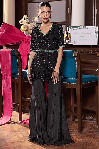 Black Organza & Habutai Silk Pant Set by Seema Thukral