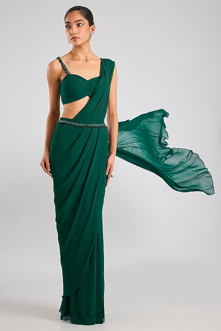 Emerald Green Georgette Pre-Stitched Party Wear Saree Set by Seema Thukral at Pernia's Pop Up Shop