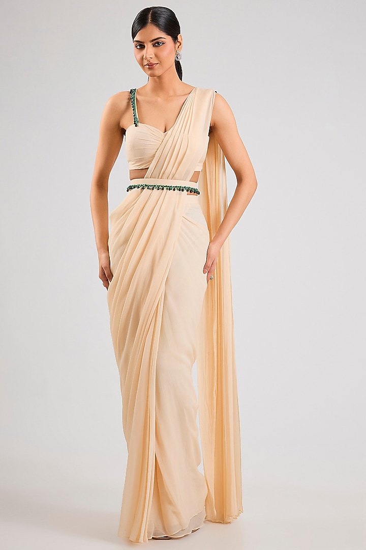 Ivory Georgette Embellished Pre-Draped Party Wear Saree Set by Seema Thukral at Pernia's Pop Up Shop