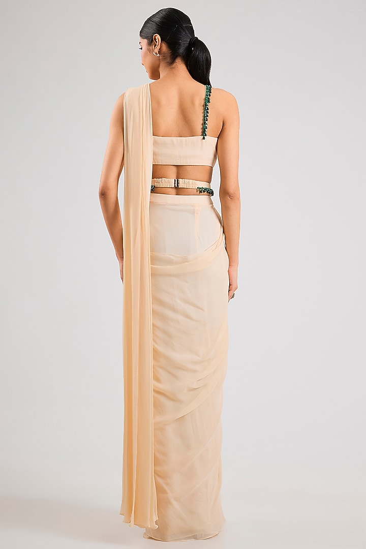 Ivory Georgette Embellished Pre-Draped Party Wear Saree Set by Seema Thukral at Pernia's Pop Up Shop