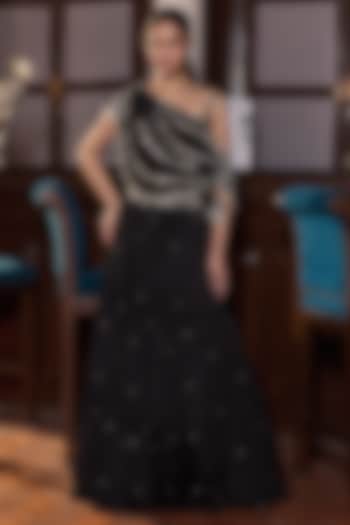 Black Chiffon & Georgette Embellished Tiered Skirt Set by Seema Thukral at Pernia's Pop Up Shop