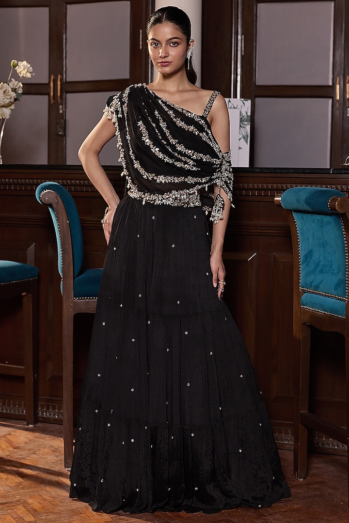 Black Chiffon & Georgette Embellished Tiered Skirt Set by Seema Thukral at Pernia's Pop Up Shop