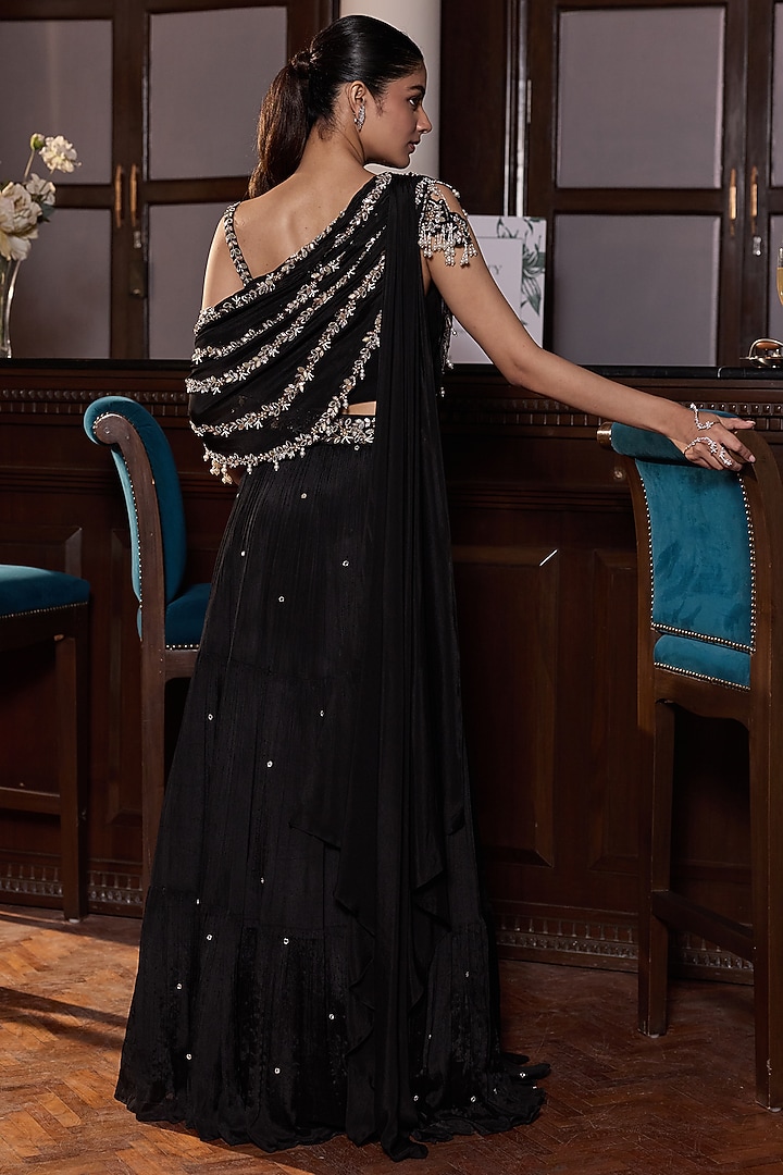 Black Chiffon & Georgette Embellished Tiered Skirt Set by Seema Thukral at Pernia's Pop Up Shop