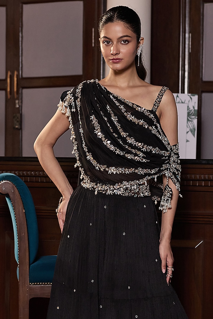 Black Chiffon & Georgette Embellished Tiered Skirt Set by Seema Thukral at Pernia's Pop Up Shop