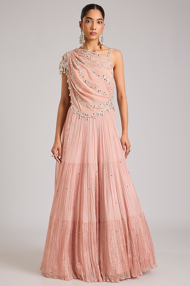 Dusty Pink Chiffon Embellished Tiered Skirt Set by Seema Thukral at Pernia's Pop Up Shop