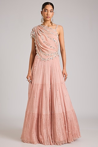 Dusty Pink Chiffon Embellished Tiered Skirt Set by Seema Thukral
