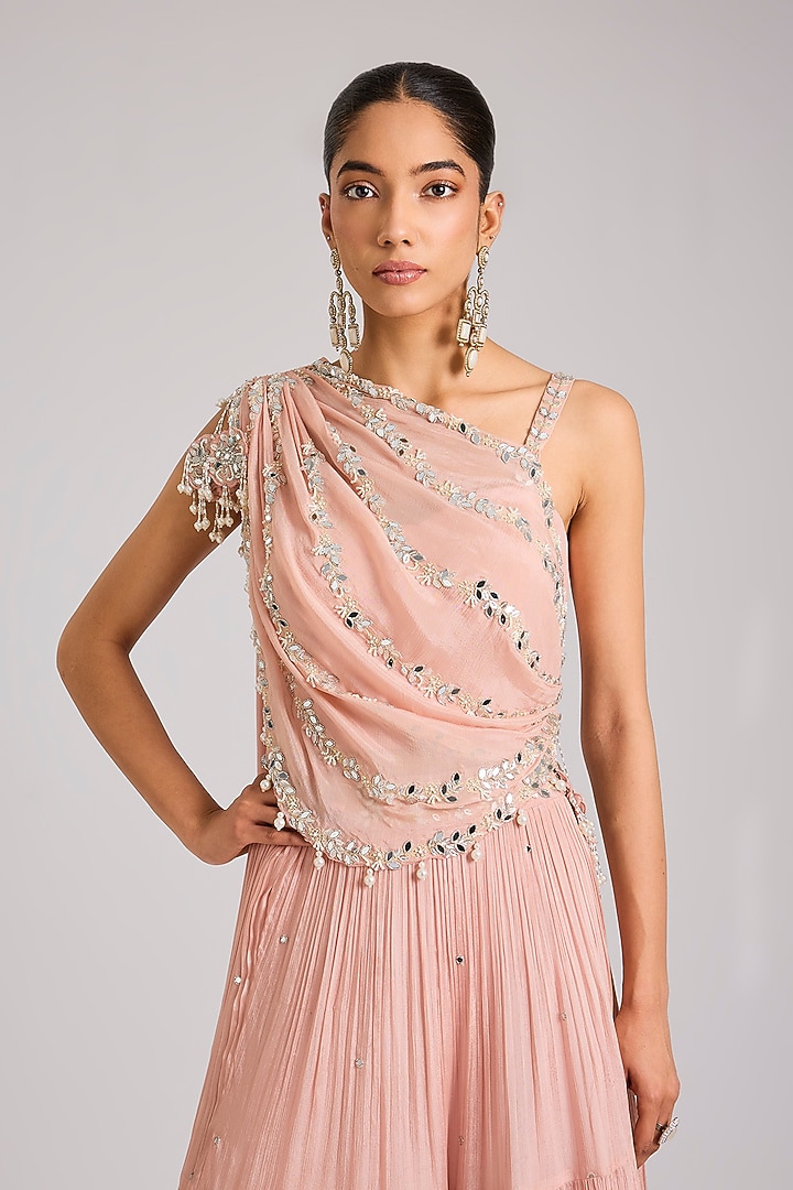 Dusty Pink Chiffon Embellished Tiered Skirt Set by Seema Thukral at Pernia's Pop Up Shop