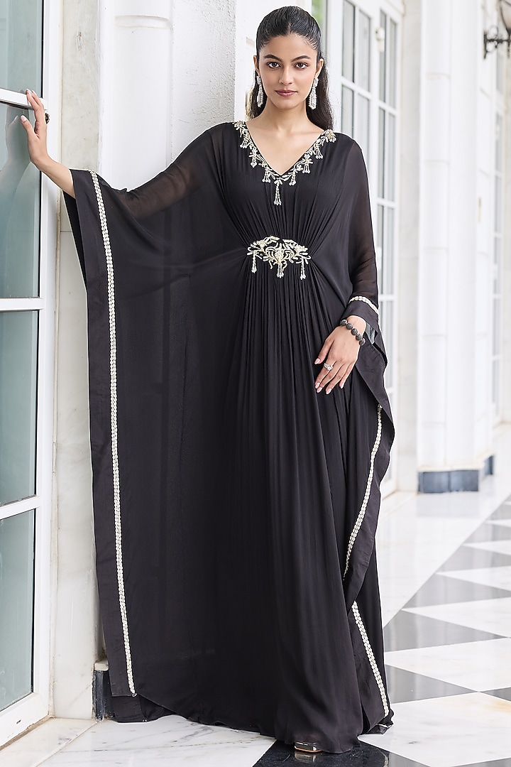 Black Chiffon Embellished Draped Kaftan by Seema Thukral at Pernia's Pop Up Shop