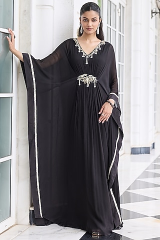 Black Chiffon Embellished Draped Kaftan by Seema Thukral