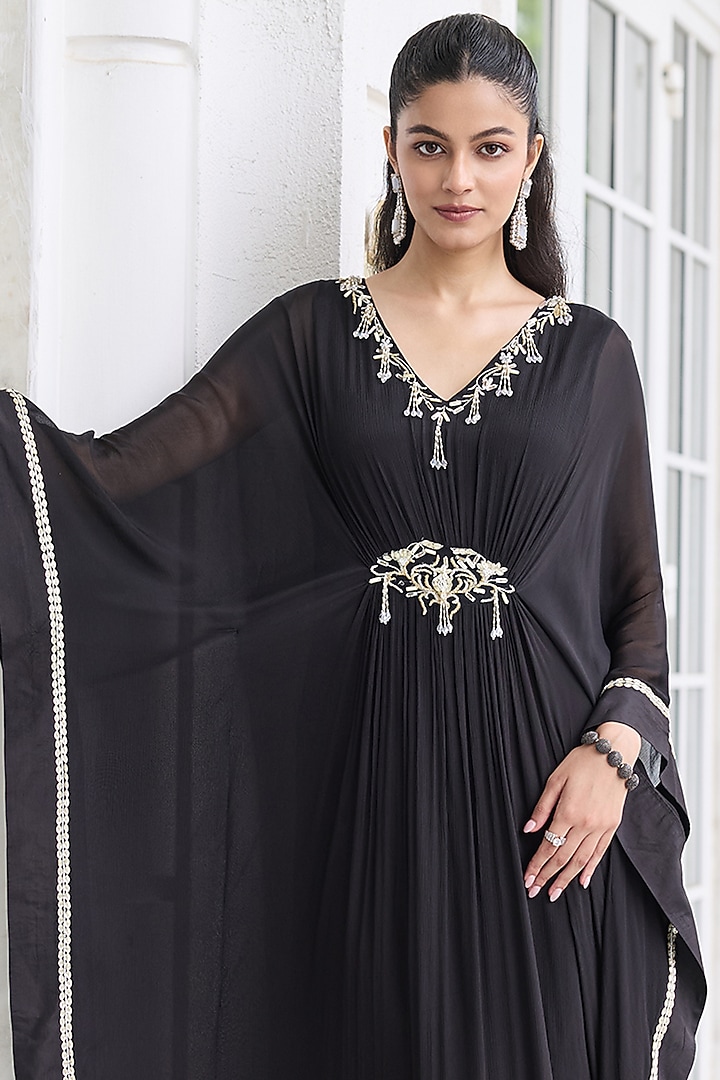 Black Chiffon Embellished Draped Kaftan by Seema Thukral at Pernia's Pop Up Shop