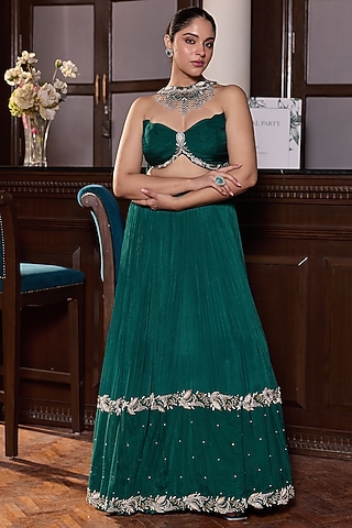 Emerald Green Chiffon & Organza Embellished Lehenga Set by Seema Thukral