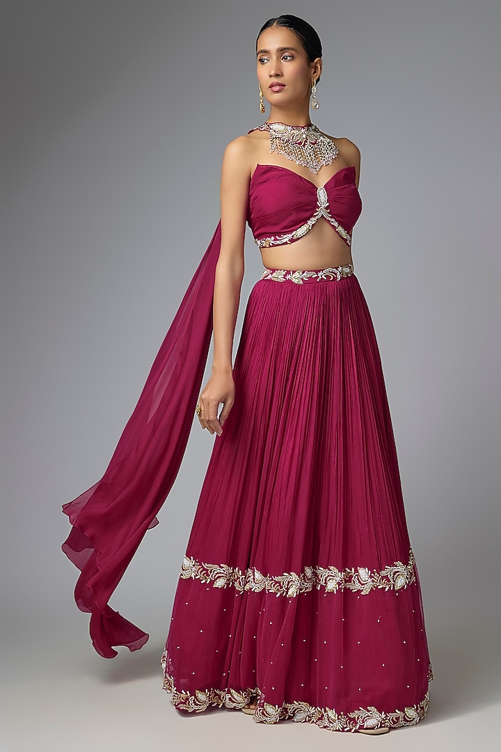 Berry Pink Chiffon & Organza Embellished Wedding Lehenga Set by Seema Thukral at Pernia's Pop Up Shop