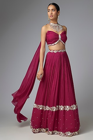 Berry Pink Chiffon & Organza Embellished Lehenga Set by Seema Thukral