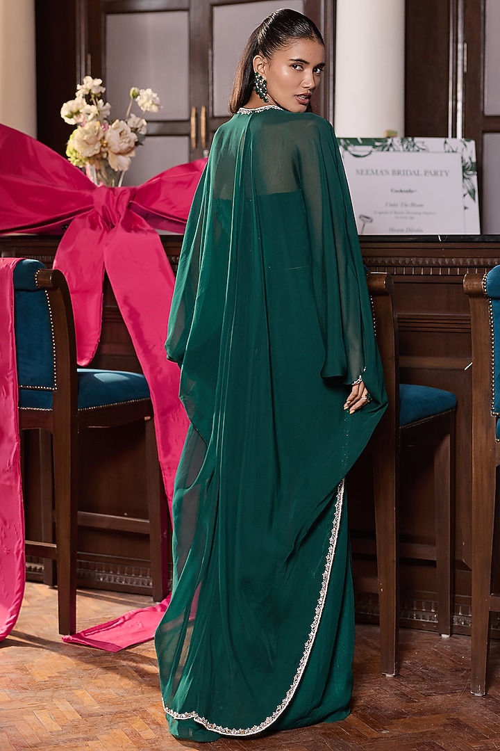 Emerald Green Chiffon & Organza Embellished Pant Set by Seema Thukral at Pernia's Pop Up Shop