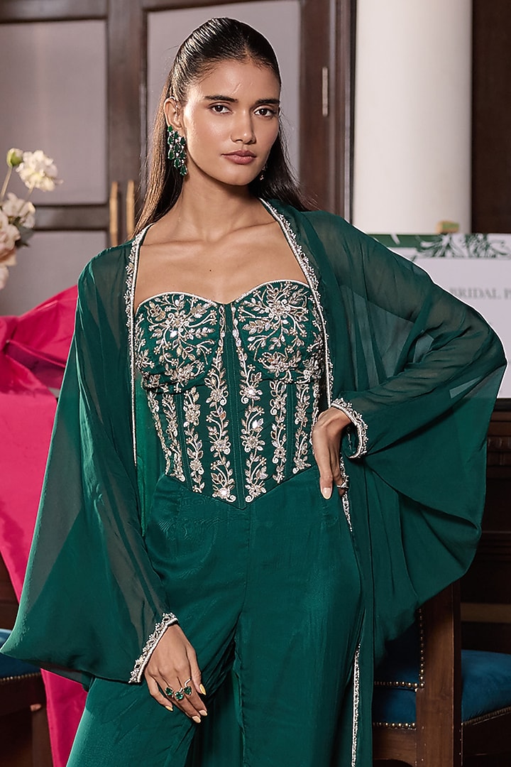 Emerald Green Chiffon & Organza Embellished Pant Set by Seema Thukral at Pernia's Pop Up Shop