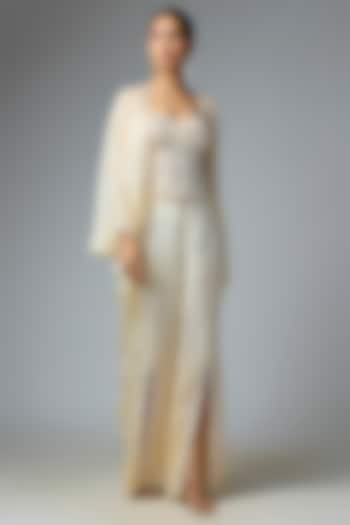 Ivory Chiffon & Organza Embellished Cape Set by Seema Thukral at Pernia's Pop Up Shop