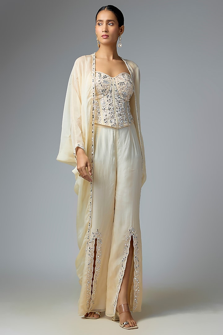 Ivory Chiffon & Organza Embellished Cape Set by Seema Thukral at Pernia's Pop Up Shop