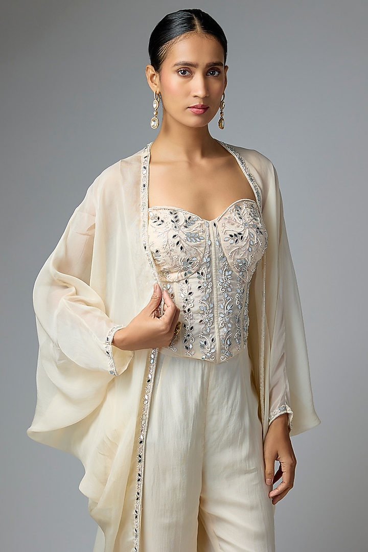 Ivory Chiffon & Organza Embellished Cape Set by Seema Thukral at Pernia's Pop Up Shop