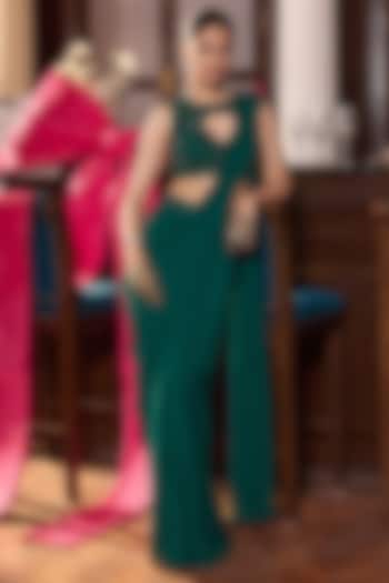 Emerald Green Georgette Embellished Pre-Stitched Wedding Saree Set by Seema Thukral at Pernia's Pop Up Shop