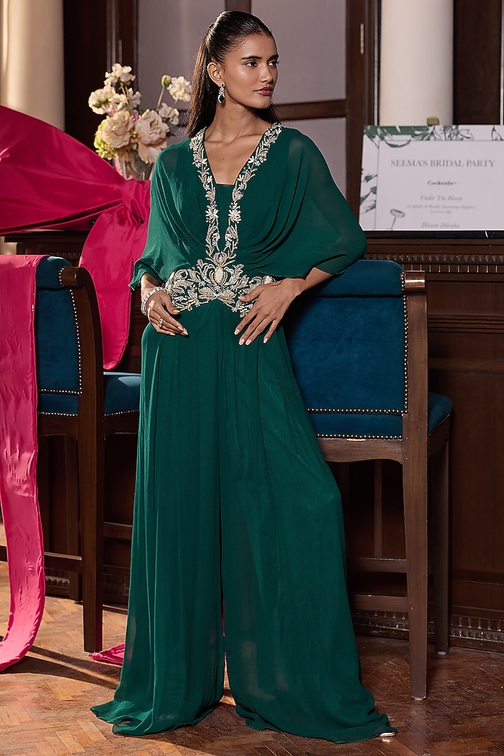Emerald Green Georgette Embellished Jumpsuit by Seema Thukral at Pernia's Pop Up Shop