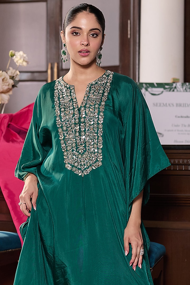 Emerald Green Habutai Silk Embellished Kaftan by Seema Thukral at Pernia's Pop Up Shop