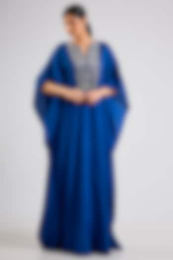 Peacock Blue Habutai Silk Embellished Kaftan by Seema Thukral at Pernia's Pop Up Shop