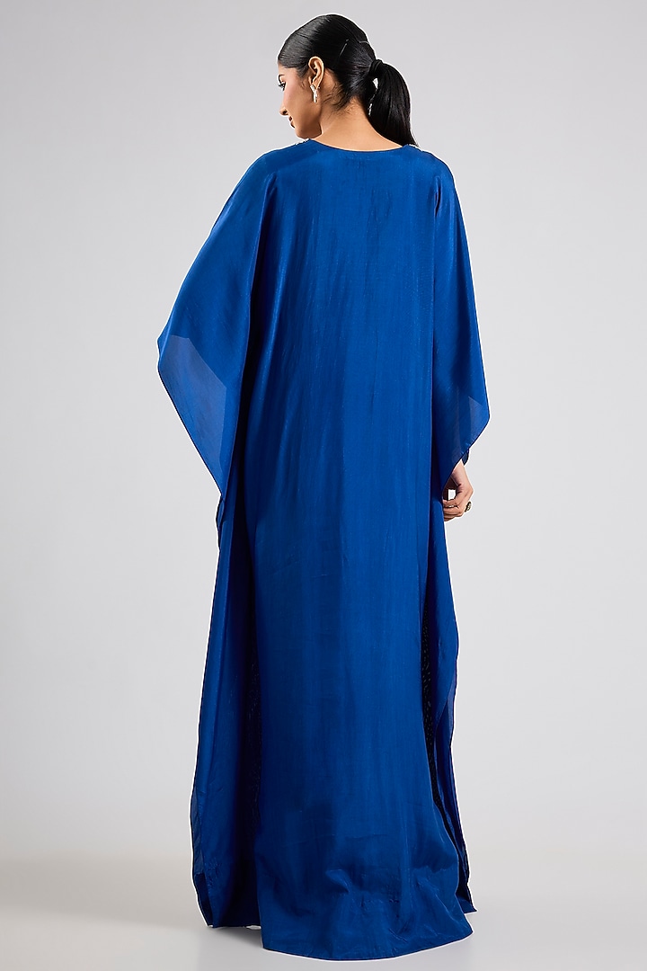 Peacock Blue Habutai Silk Embellished Kaftan by Seema Thukral at Pernia's Pop Up Shop